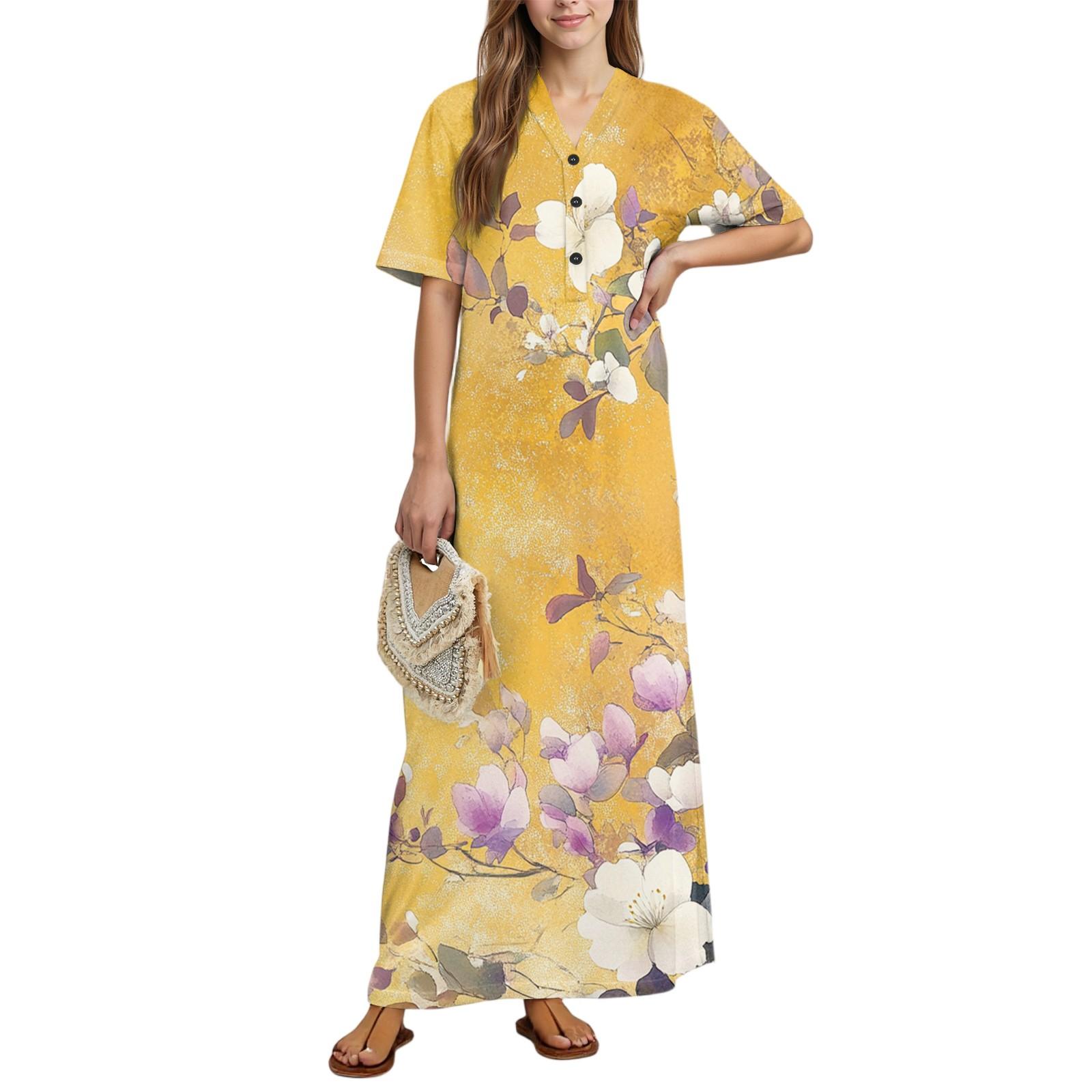 

Женская мода Принтованная ночная сорочка Домашняя одежда Ночная сорочка с коротким рукавом с карманами Длинное платье XL жёлтый