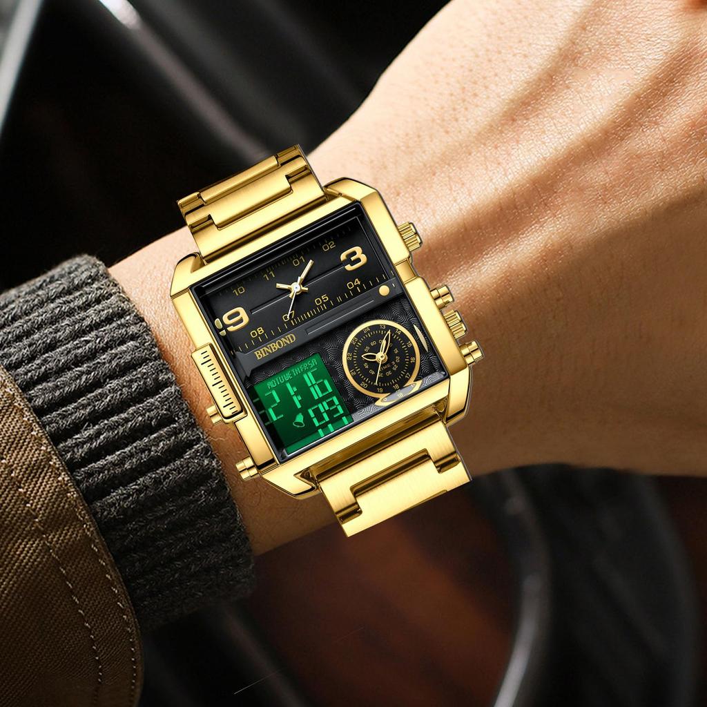 RORIOS Wristwatch with Date and Day Dual Time Quartz Waterproof Alarm Business Sports Watch with Luminous LED and Stainless Steel Popular Wrist Watch