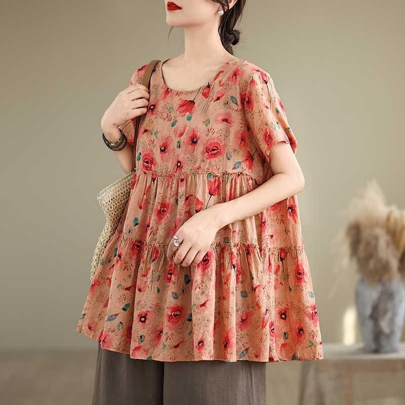 

Новая футболка с короткими рукавами из хлопка и льна с принтом, свободный топ для женщин XL