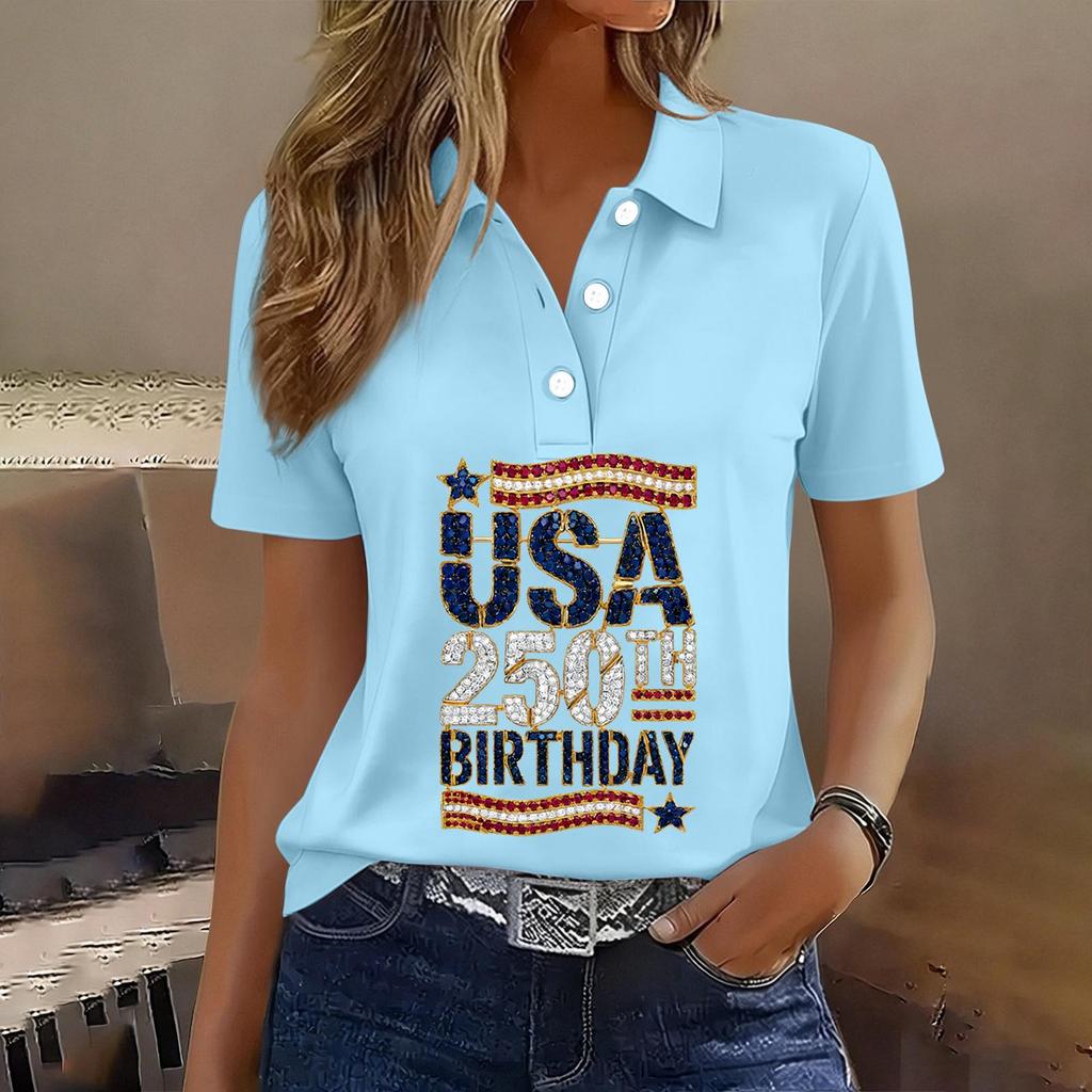 Women's Casual Short Sleeve Button Polo Shirt USA 250th Anniversary Print Relaxed Fit Lightweight Summer Top