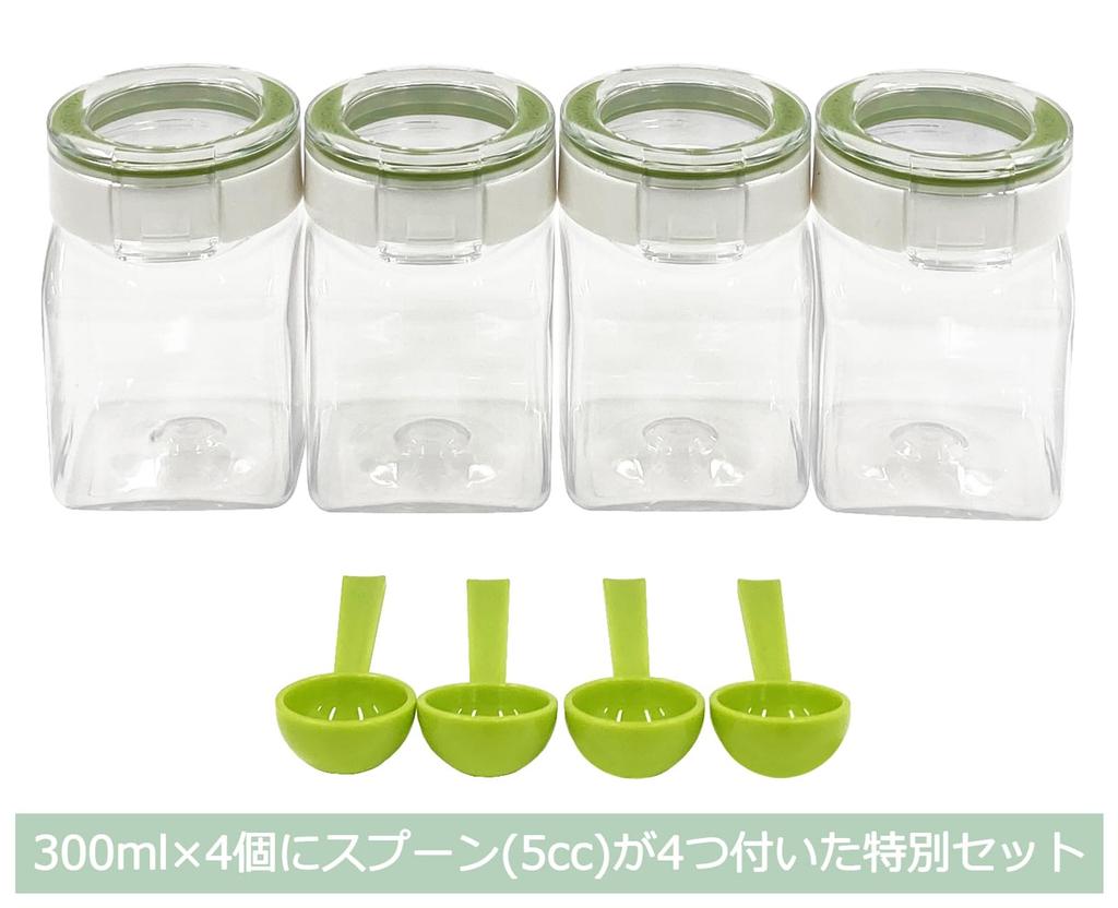 Takeya Chemical Industry TAKEYA Freshlock Square Storage Set of with Opening Containers, 300ml, Green, 4, Spoon, Airtight, One-Touch