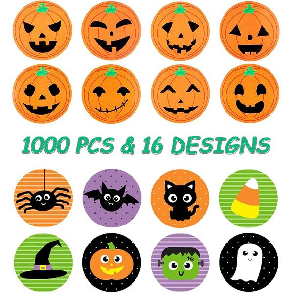 Halloween Stickers for Kids, 1000 Pcs Byhoo Halloween Pumpkin Bat Spider Stickers Roll, 16 Vibrant Colors and Designs, Round Seal Label Stickers,
