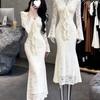 French waist slim flared sleeve hip wrap fishtail skirt long dress women's gentle wind collar lace temperament dress