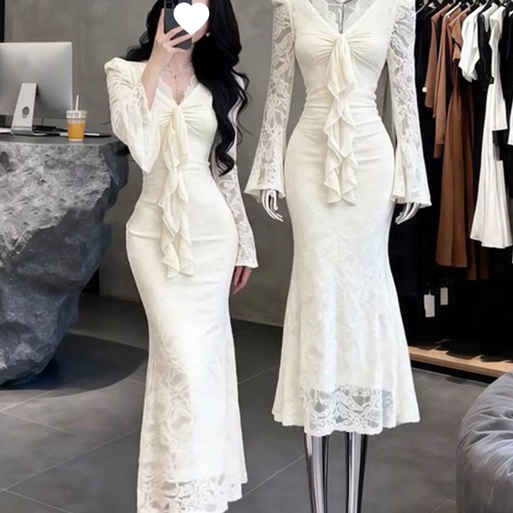 French waist slim flared sleeve hip wrap fishtail skirt long dress women's gentle wind collar lace temperament dress