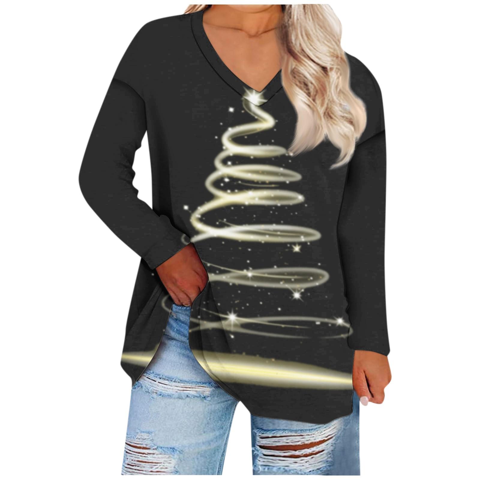 

Женская мода с рождественским принтом и v-образным вырезом, большая повседневная футболка с длинными рукавами, топ XXXL чёрный