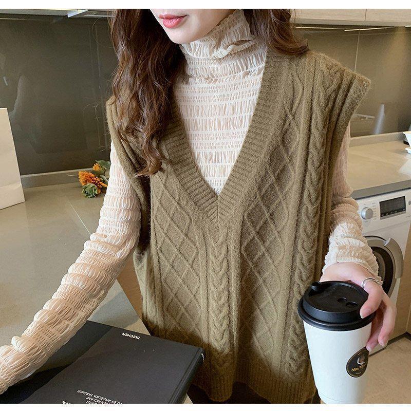 Women's Loose Fit Cable Knit V-Neck Sweater Vest - Autumn/Winter 2021, Thick OL Style, Korean Version.