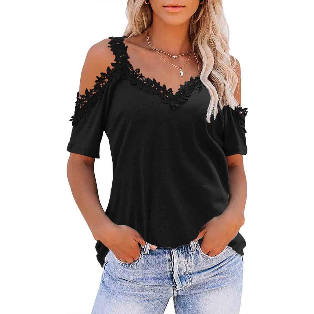 Women's Fashion V-Neck Splicing Lace Suspenders Hollow Loose Short-Sleeved Tops