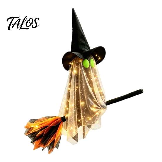 Whimsical Ghost Witch Figurine Halloween Flying with Broom, Large Lighted Hanging Decoration Glowing Window Hat for Lawn Patio Porch Backyard