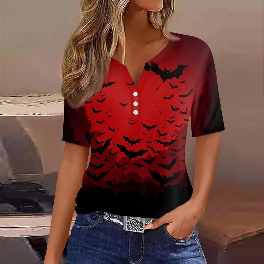 Women's T Shirt Halloween Print Button Short Sleeve Daily Weekend Fashion Basic V- Neck Regular Top