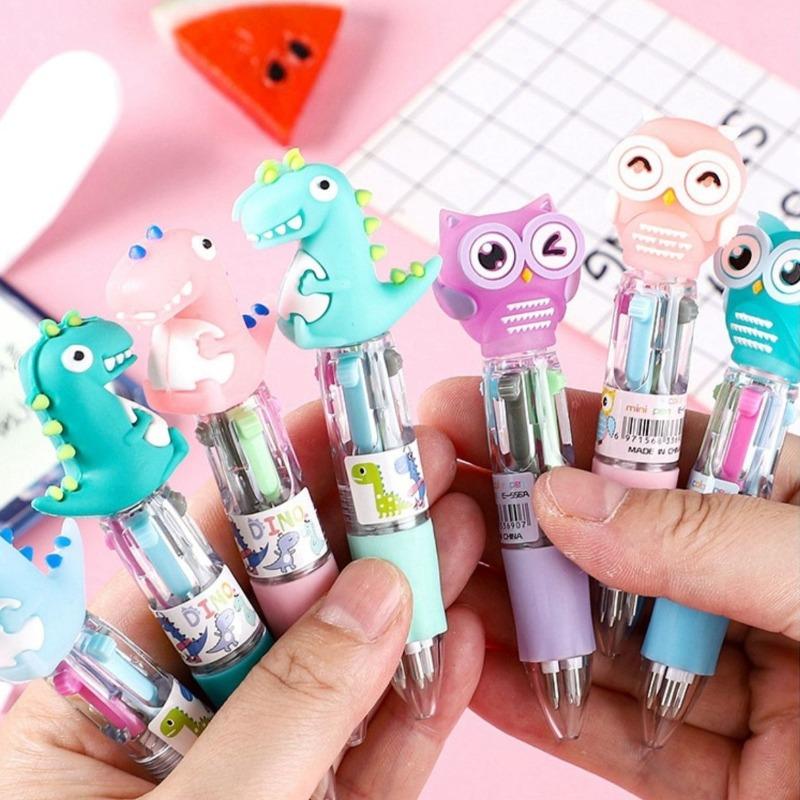 3 Pcs Cartoon Mini Four-color Ballpoint Pen Cute Portable 4-color Ball Pens Student Hand Account Multi-color School Stationery