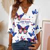 Women’s V Neck 3/4 Sleeve Casual Top with 250th Anniversary Butterfly Print Relaxed Fit Independence Day Shirt