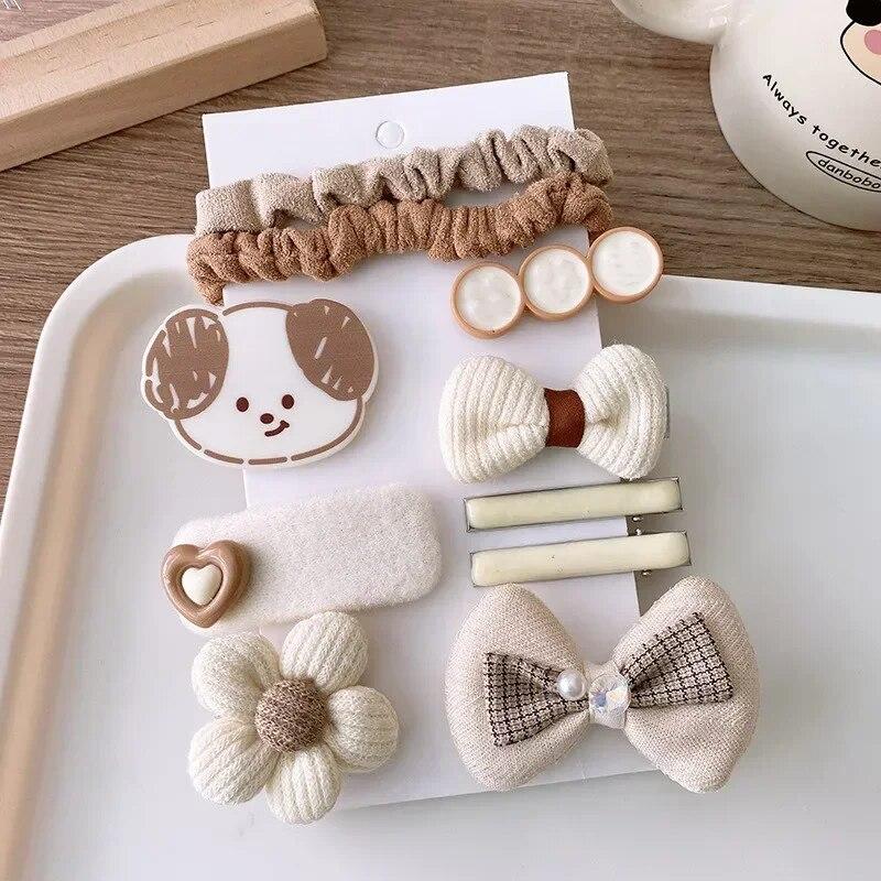 9-10pcs/set Lovely Hair Clip Hair Band Set for Toddler Girl Retro Milk Coffee Color Hairpin Hair Rope Set Kawaii Kids Headwear