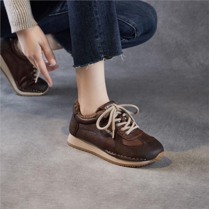 Johnature Echtes Leder Plüsch Warme Damen Schuhe Lässig Weich besohlt Sportschuhe Vielseitige Schnürschuhe Baumwollschuhe