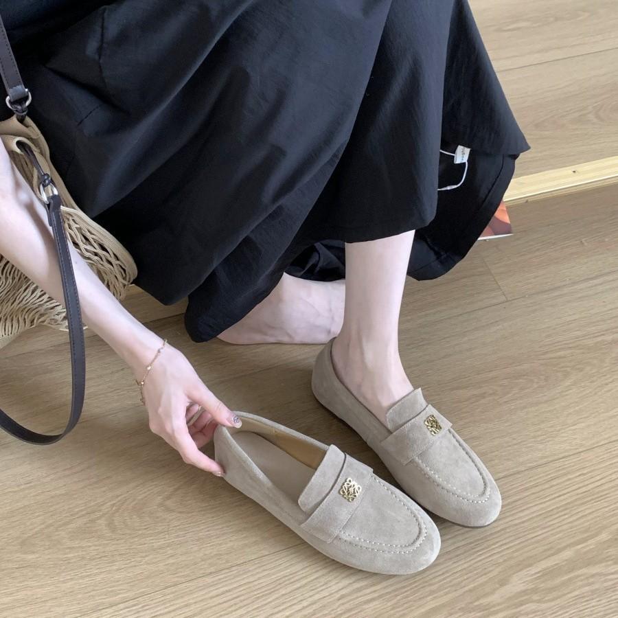 Leather Version~ Retro Round Head Loafers for Women Lazy People, One Pedal, Versatile Soft Sole Thick Heel Single Shoes, Medium Heel Small Leathe