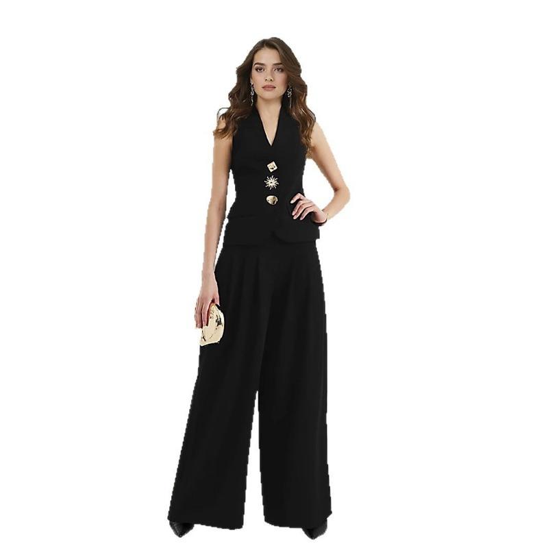 Ein Damen Elegantes und Stilvolles V-Ausschnitt Ärmelloses Weste Hochtailliertes Weitbeiniges Hosen-Set