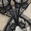 3-Piece Thin Sexy Bra Panty Garter Belt Set-Sultry Floral Pattern BDSM Bondage Lingerie with Sheer Mesh Lace Thin Sexy Lingerie