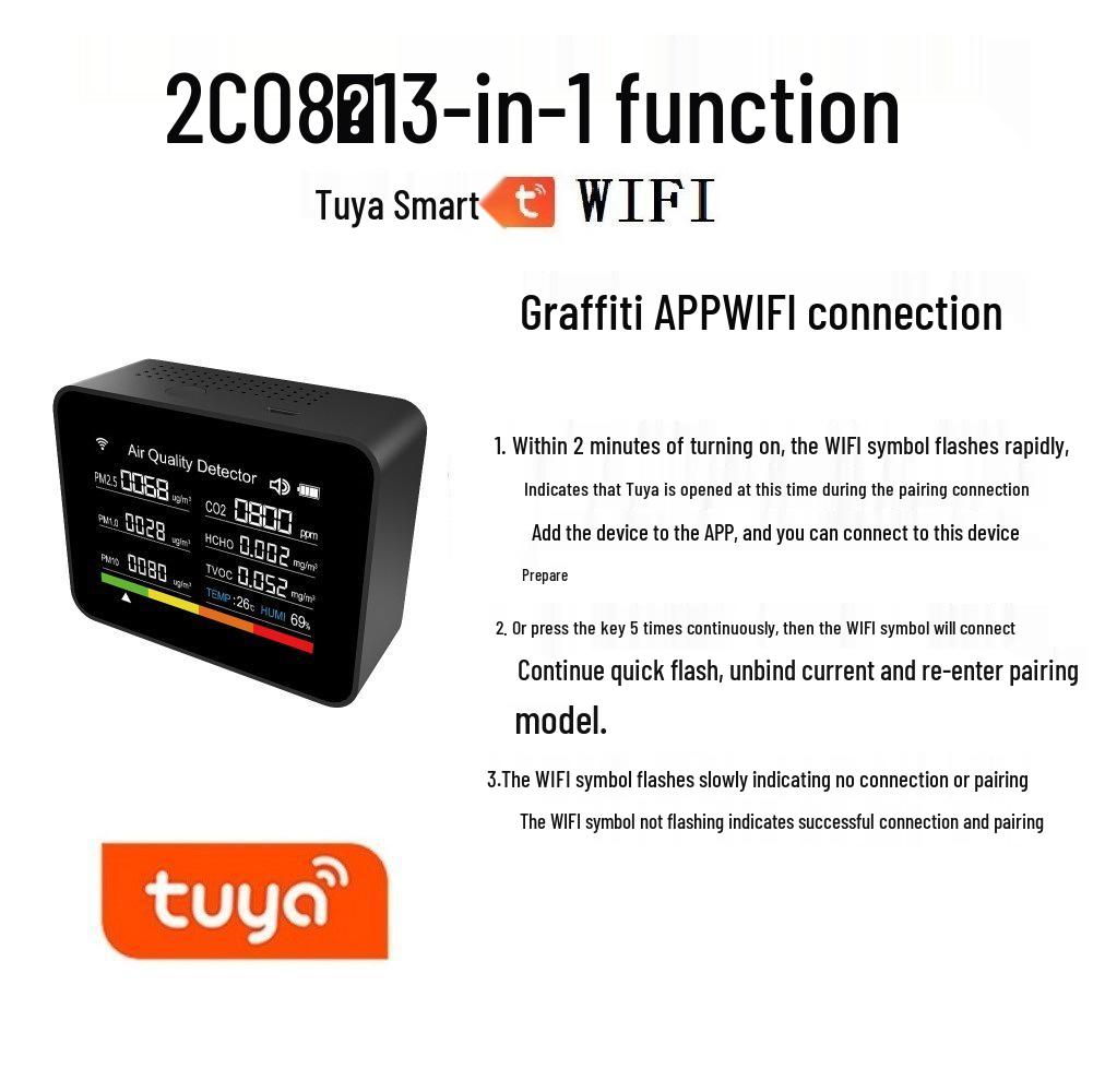 13-in-1 Smart Air Quality Detector with WiFi: CO2, PM2.5, Formaldehyde, TVOC, Temperature, & Humidity Monitoring Via App