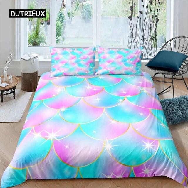 Fish Scales Duvet Cover Set Bedding Set Colorful Mermaid Scale Quilt Cover Pillowcase Queen Size Girls 2/3pcs Comforter Cover Three-piece Set