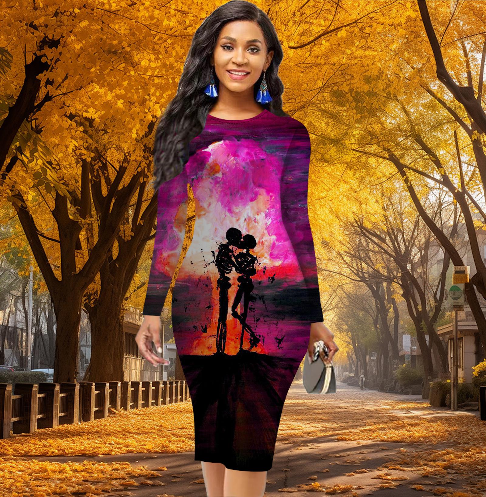 

Длинный рукав, талия, облегающее, офисное, облегающее, с рисунком маслом, скелета, человека, элегантное облегающее платье 8XL розовый