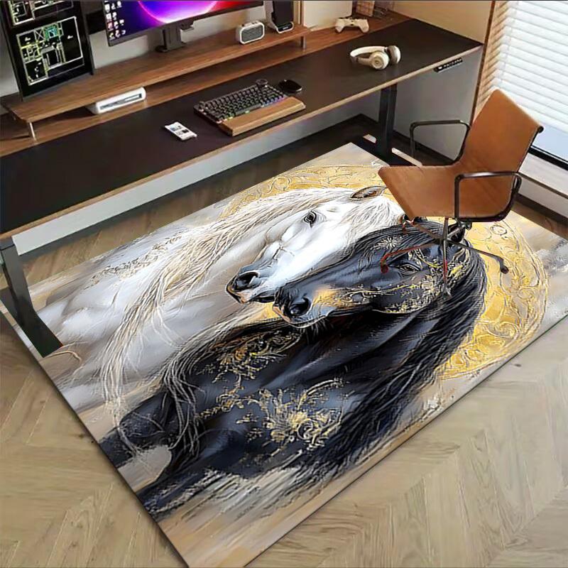 1PC White Horse Black Horse Non-Slip Floor Carpet Compatible for Office&Living Room&Dining room - Flat-Weave Machine- Soft & Pattern-E263