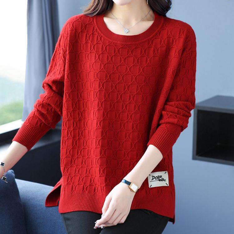 Spring and Autumn Women's Plus Size Knit Sweater Thin Loose Crew Neck Pullover Knitwear Short Slit Stretch Knit Top Jumper