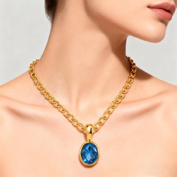 Comfortable Lightweight Oval Zirconia Pendant Necklace for Daily Use on Stainless Steel Gold Plated Chain