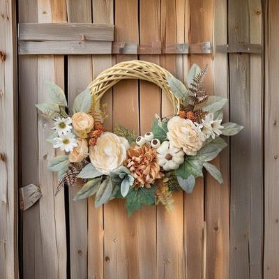 Couronne de Fleurs Artificielles Faite Main Pour Accrocher à la Porte Fausse Plante Fleur Pendentif de Mariage Guirlande Décoration Murale de Thanksgiving 40cm