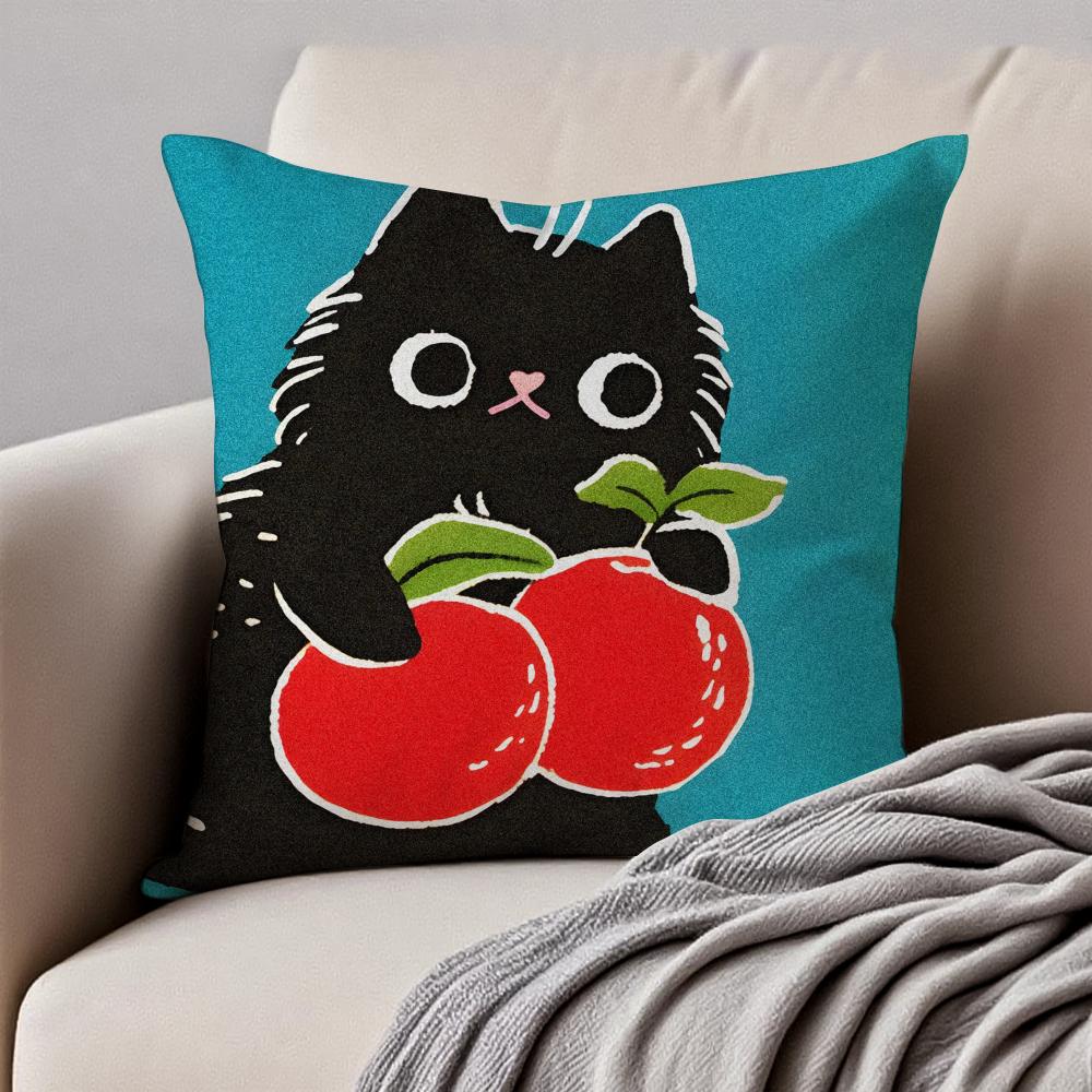 Cute Art Cartoon Handdrawn Cat Cushion Cover Pillowcase Antidustmite Invisible Zipper Short Plush Sofa Cushion