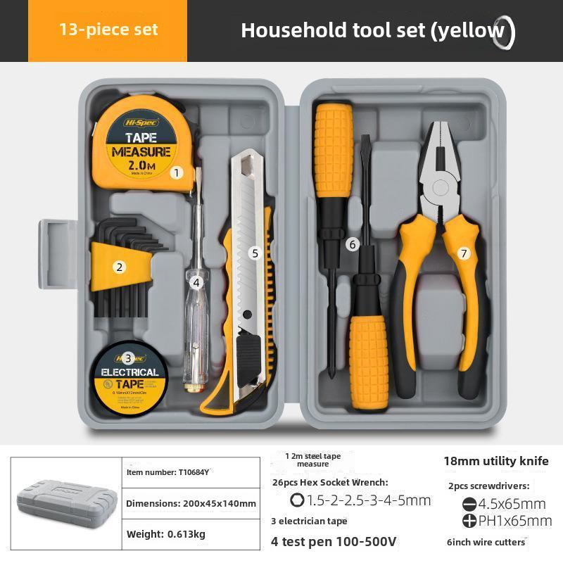 Multifunktionales Heimwerker-Reparaturwerkzeugset mit Zange, Maßband, Hammer.