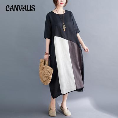 Literary Leisure Splicing Patchwork Colourful Plus Size Women's Dress Long Summer Loose Cotton Linen Dresses