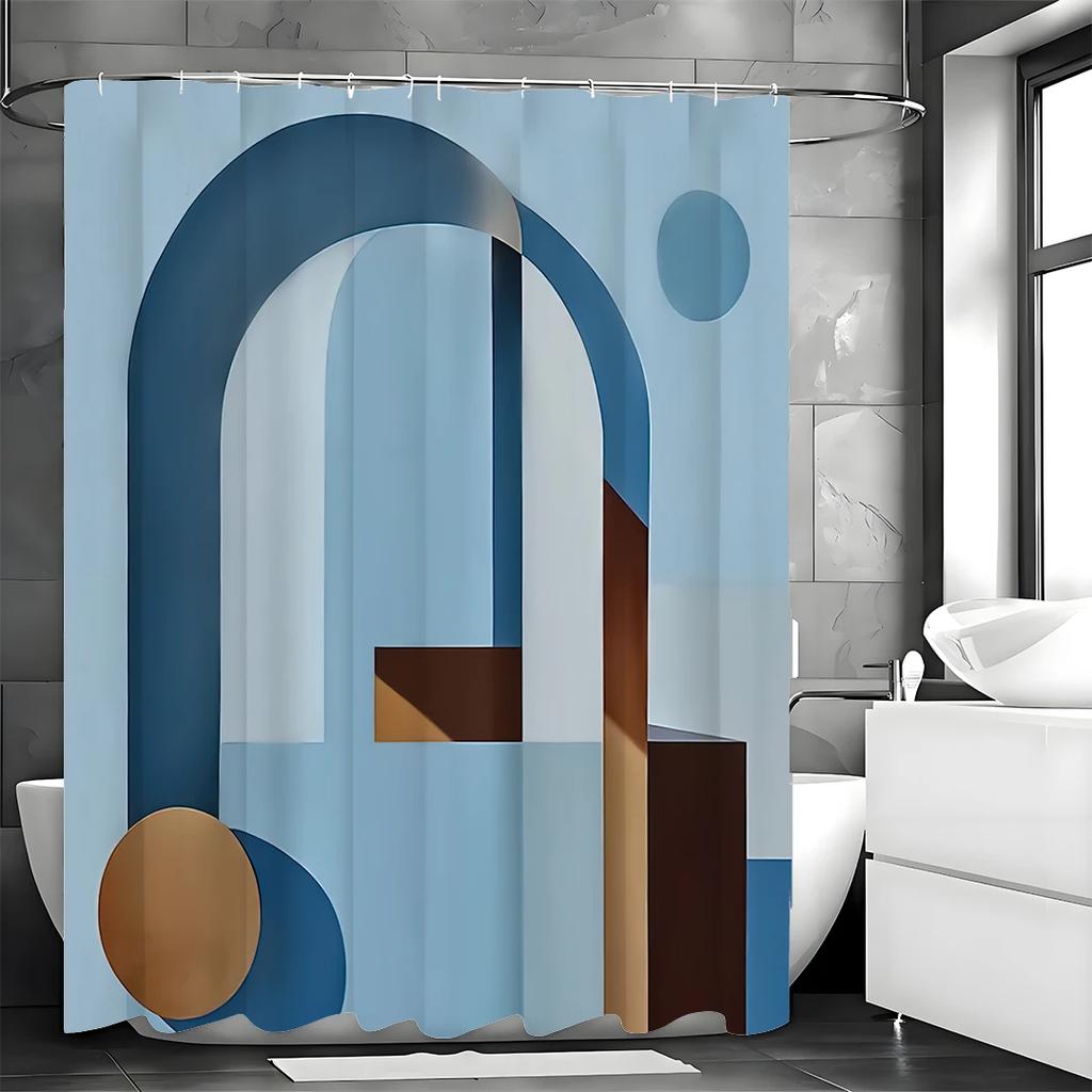 Abstract Geometric Arch Round Blue Shower Curtain, Bathroom Decorative Shower Curtain, Waterproof Shower Curtain with Hooks