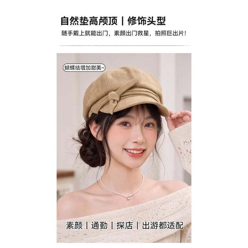 Women S Solid Color Suede Octagonal Hat With Bow For Autumn Winter