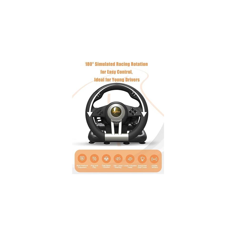 PXN V3 Pro Gaming Steering Wheel with Pedals - 180-Degree Wheel, Vibration Feedback, Integrated Shifter, Paddle Shifters - Multi-Platform