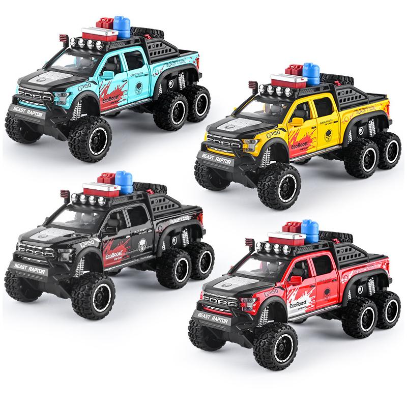 La scară 1/28 Ford Raptor F150 6X6 Pickup Truck Model de mașină de jucărie turnată sub presiune, Vehicul de jucărie cu sunet și lumină pentru copii mici, colecție de cadouri
