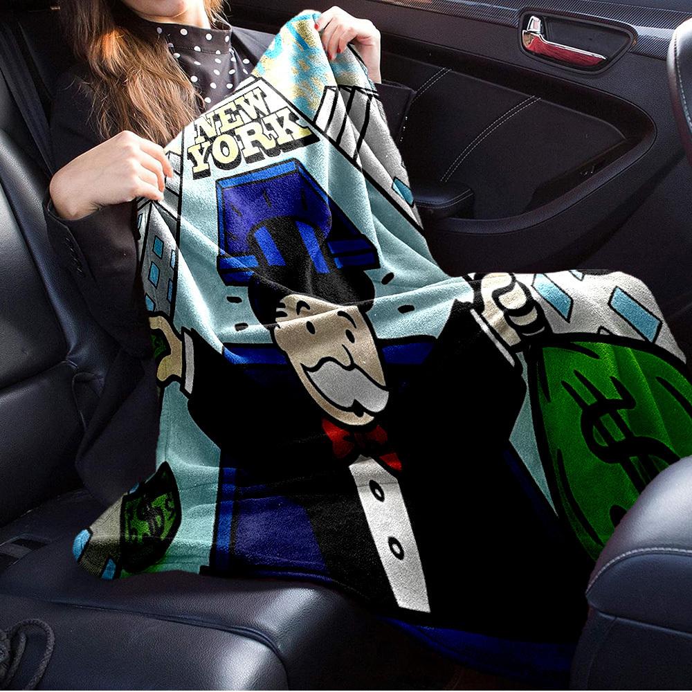 1pc Mr. Monopoly,New York,Money Digital Print Flannel Blanket - Contemporary Style, Suitable for All Seasons, Perfect for Home, Travel, or C