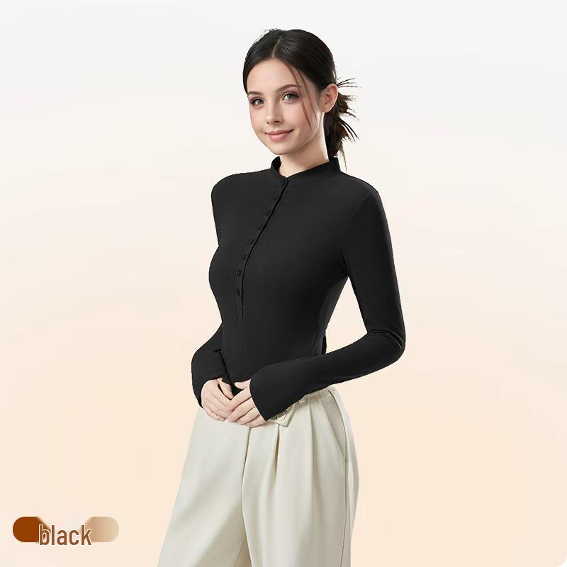 

Women s Wool Blend Fleece-Lined Stand Collar Top - Quick-Warm Buttoned Base Layer L (Recommended weight 115-130 jin) чёрный
