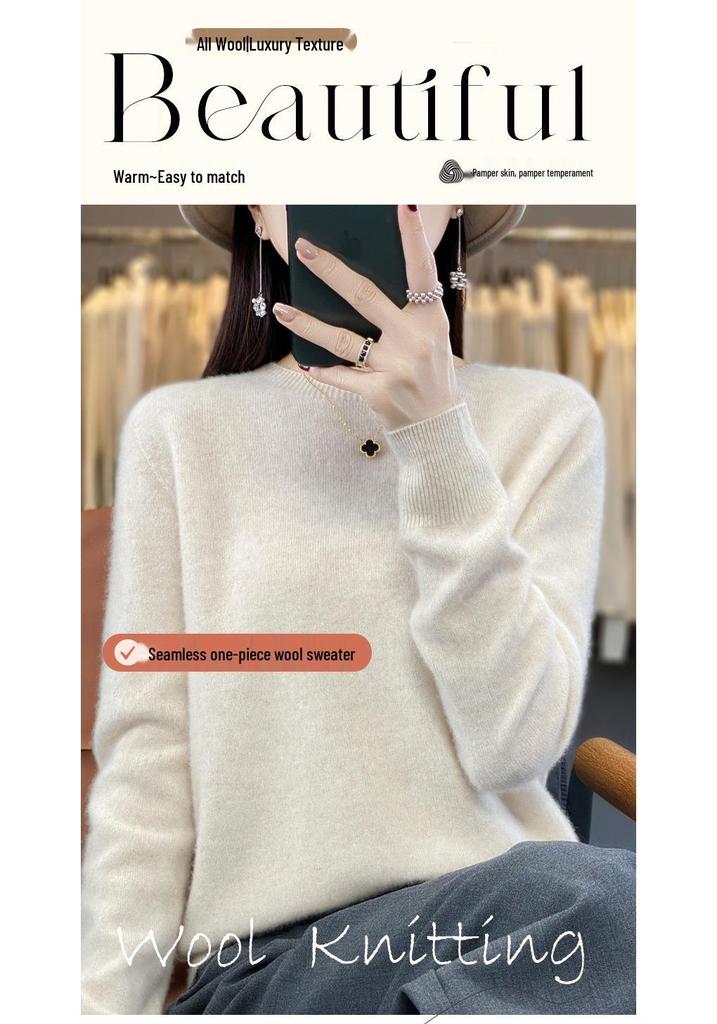 Women's Seamless Wool Cashmere Pullover Sweater - Round Neck, Loose Fit, Popular Seller for Spring, Autumn, & Winter.