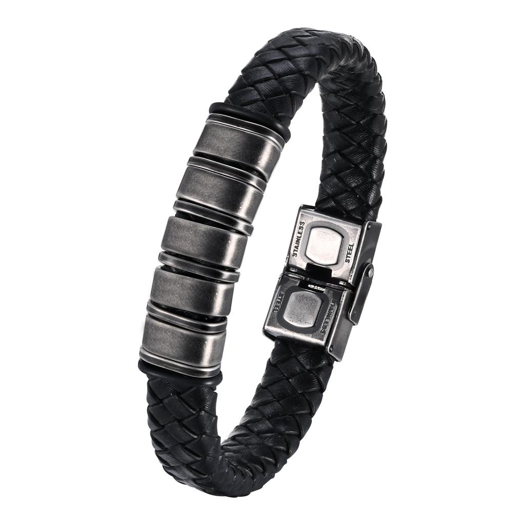 Vnox Free Personalized Family Names Stainless Steel Beads Bracelets Gift for Dad Grandpa, Mens Leather Wristband,Christmas Gift