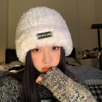 Hat Female Autumn and Winter Warm Imitation Fur Plush Hat Small Face Knitted Pullover Hat Big Head Circumference Ear Protector Wool Cold Hat