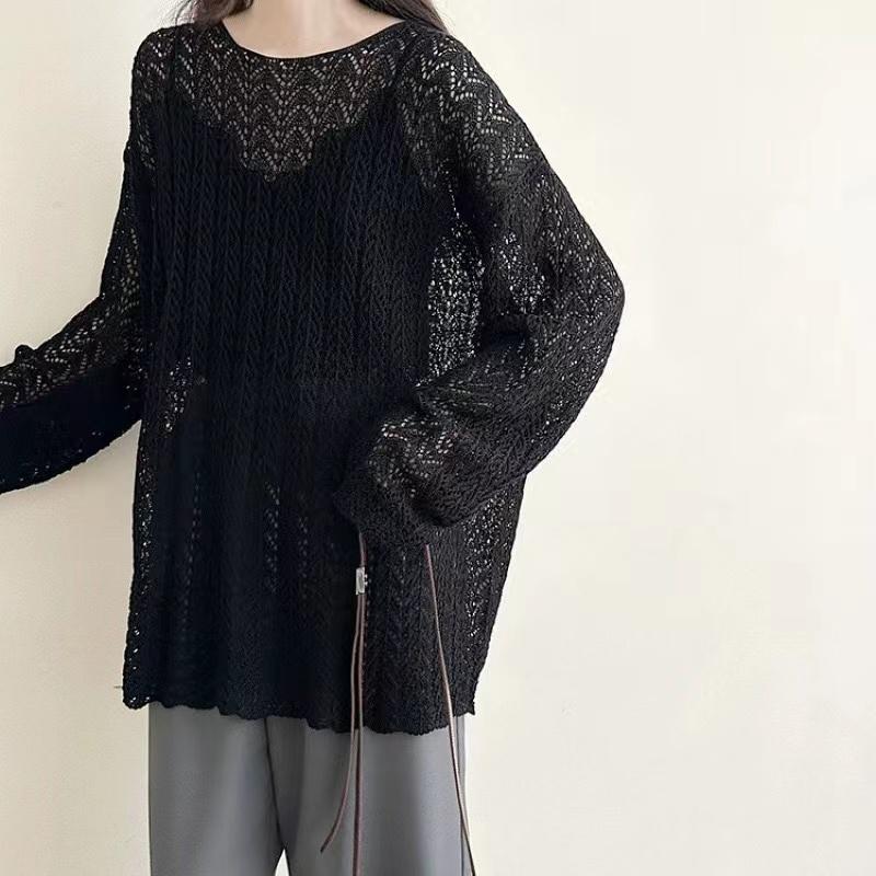 

Женские вязаные свитера, женский ажурный тонкий пуловер, модный свободный топ с рукавами-фонариками, защита от солнца, женский халат one size чёрный