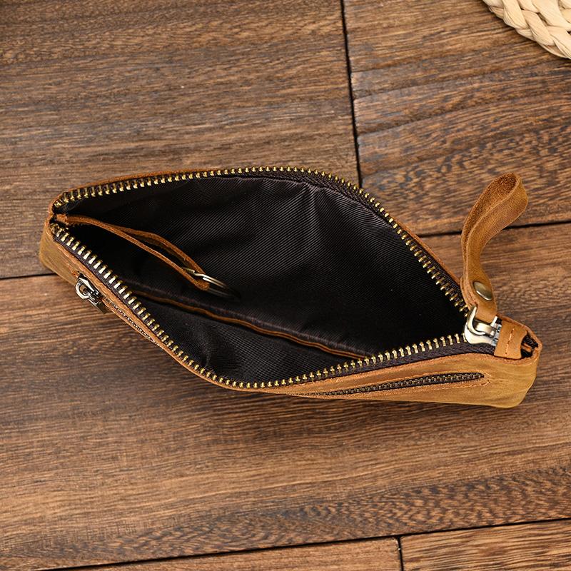 Crazy Horse Leather Zipper Wallet Simple Style Coin Purse With Key Chain For Car Key Purse Genuine Leather Men Women Coin Bag