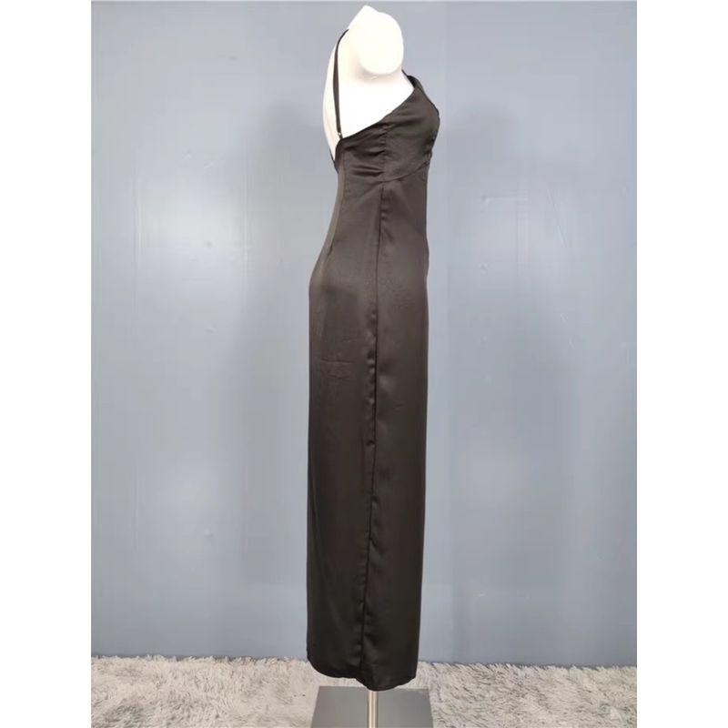 Export Lu's Sling Hepburn Dark High Quality V Neck Split Waist Fitted Slimming and Fashionable Smooth Fabric Dress