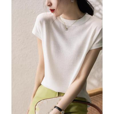 Women's Summer Round Neck Thin Loose T-shirt Solid Color Design Knit Tops