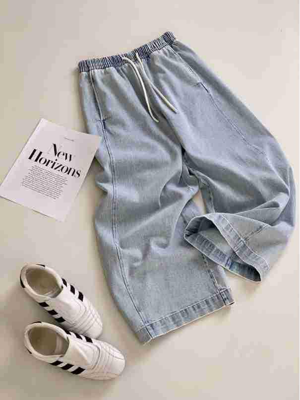 Ting Lan White Cow Elastic Loose Wide-Leg Slimming Casual Nine-Point Pants