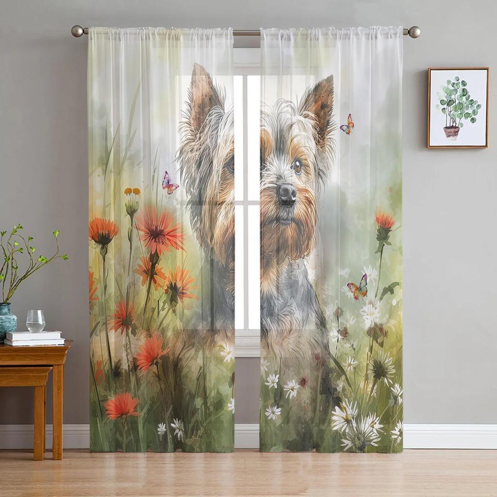 Flower Pet Dog Watercolor Butterfly Tulle Curtains for Living Room Sheer Curtain for Bedroom Window Blinds Voile Curtains