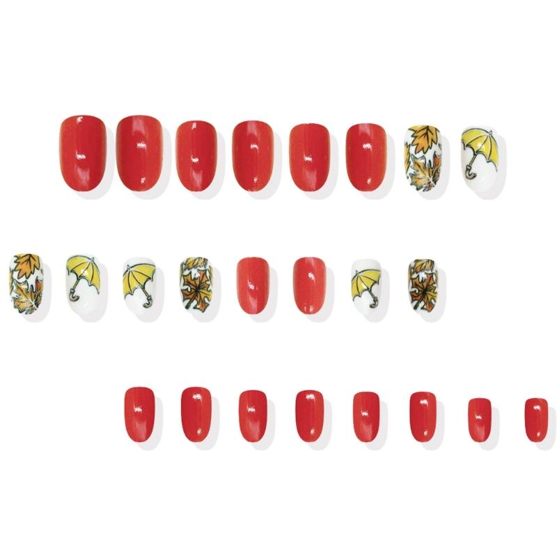 24Pieces Orange Glittering Press On Nail Tips Winter Leaf Short Look European Manicure Art Artificial Fingernails Set