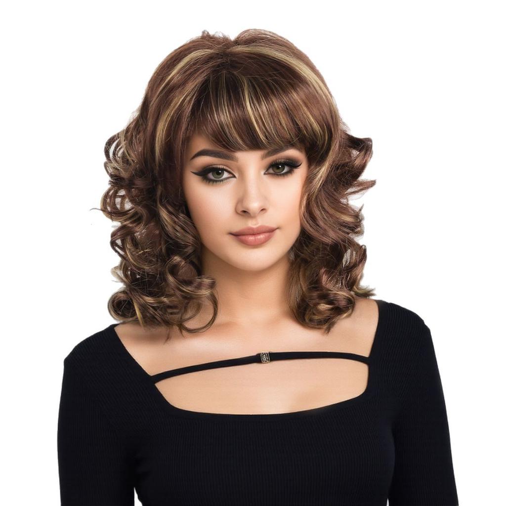 Women Shoulder Length Synthetic Wavy Wigs Stylish Brown Blond Hair with Bangs for Daily Party Cosplay Heat Resistant Fibre