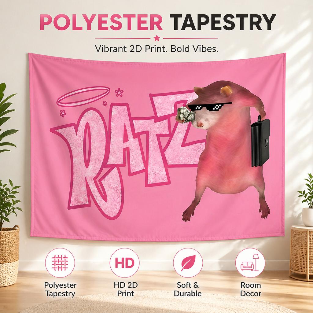Funny Meme Pink Rat Tapestry Flat Print Ratz Wall Hanging with Pixel Sunglasses for Dorm Bedroom Aesthetic Room Decor