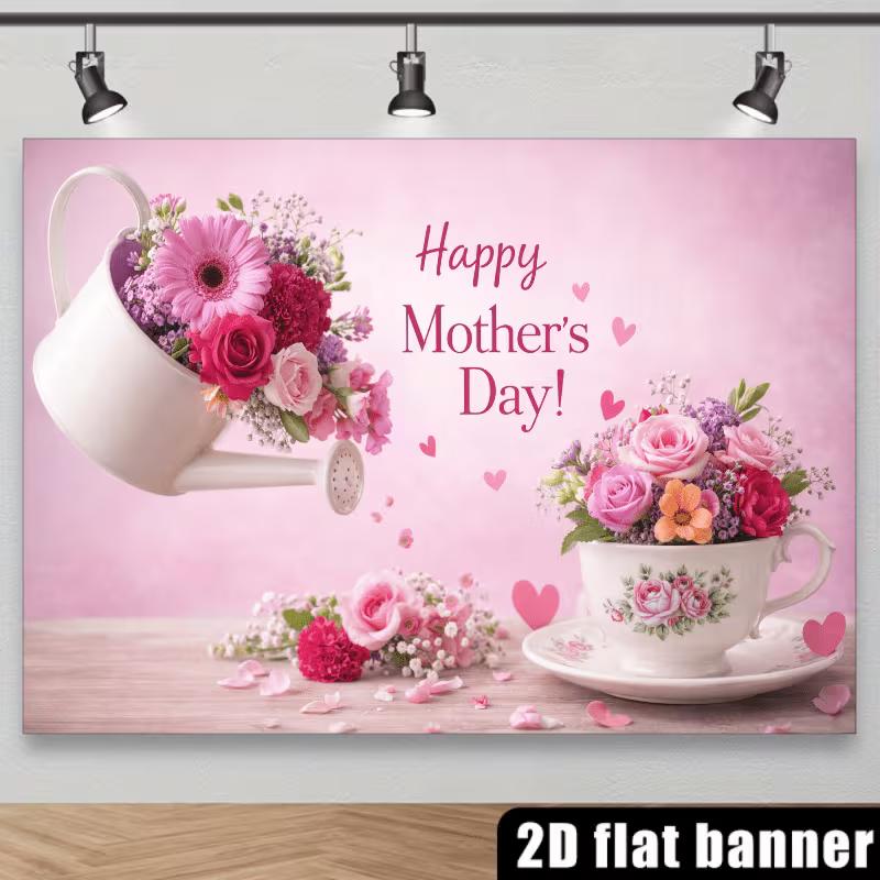 2D Floral Happy Mother's Day Background Banner, Pink Rose & Heart Backdrop for Holiday Photoshoot