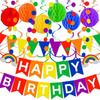 1 Set Complete Happy Birthday Party Decorations Kit - Colorful Paper Flag Bunting, Circle Confetti Garland, Swirl Streamers & Honeycomb Balls